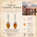 Summer Baltic Honey Amber Earrings in Sterling Silver infographic highlighting authentic honey Baltic amber, 925 sterling silver, handcrafted craftsmanship, earring dimensions, and Made in Gdańsk, Poland heritage.
