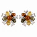 Baltic Honey Amber Bow Floral Stud Earrings in Sterling Silver featuring genuine honey Baltic amber gemstones in an elegant bow and floral design, set in polished 925 sterling silver, isolated on a white background.
