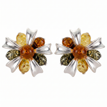 Baltic Honey Amber Bow Floral Stud Earrings in Sterling Silver featuring genuine honey Baltic amber gemstones in an elegant bow and floral design, set in polished 925 sterling silver, isolated on a white background.