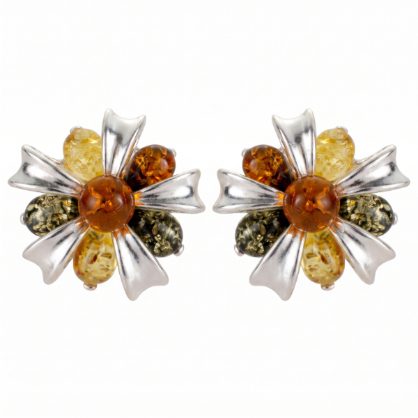 Baltic Honey Amber Bow Floral Stud Earrings in Sterling Silver featuring genuine honey Baltic amber gemstones in an elegant bow and floral design, set in polished 925 sterling silver, isolated on a white background.