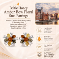 Baltic Honey Amber Bow Floral Stud Earrings in Sterling Silver infographic highlighting authentic honey Baltic amber, 925 sterling silver, handcrafted craftsmanship, earring dimensions, and Made in Gdańsk, Poland heritage.
