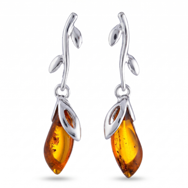 Daria Baltic Honey Amber Earrings in Sterling Silver featuring genuine honey Baltic amber gemstones set in polished 925 sterling silver, isolated on a white background.
