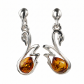 Swan Baltic Honey Amber Earrings in Sterling Silver featuring genuine honey Baltic amber gemstones in an elegant swan-inspired design, set in polished 925 sterling silver, isolated on a white background.