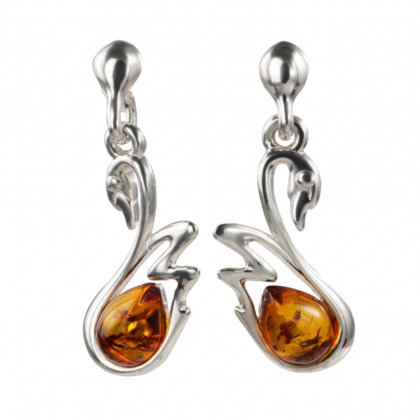 Swan Baltic Honey Amber Earrings in Sterling Silver featuring genuine honey Baltic amber gemstones in an elegant swan-inspired design, set in polished 925 sterling silver, isolated on a white background.