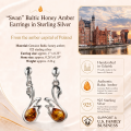 Swan Baltic Honey Amber Earrings in Sterling Silver infographic highlighting authentic honey Baltic amber, 925 sterling silver, handcrafted craftsmanship, earring dimensions, and Made in Gdańsk, Poland heritage.