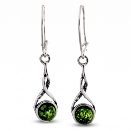 Chiara Baltic Green Amber Earrings in Sterling Silver featuring genuine green Baltic amber gemstones set in polished 925 sterling silver, isolated on a white background.