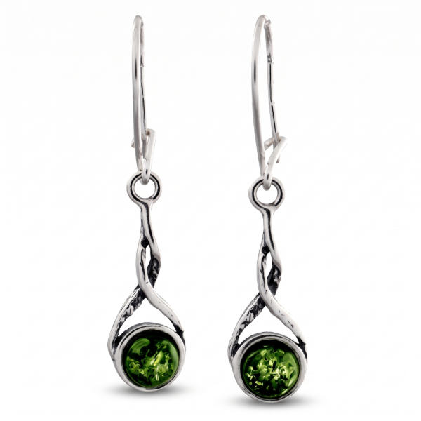 Chiara Baltic Green Amber Earrings in Sterling Silver featuring genuine green Baltic amber gemstones set in polished 925 sterling silver, isolated on a white background.