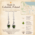 Chiara Baltic Green Amber Earrings in Sterling Silver infographic highlighting authentic green Baltic amber, 925 sterling silver, handcrafted craftsmanship, earring dimensions, and Made in Gdańsk, Poland heritage.