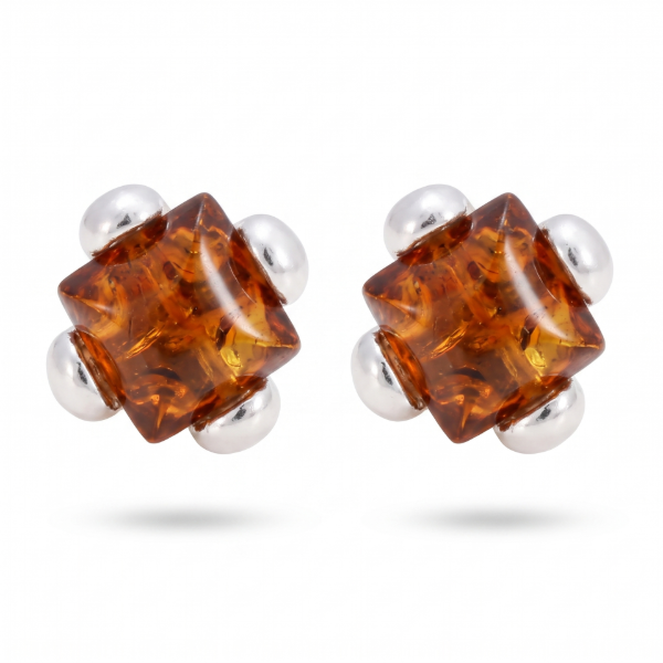 Ellie Baltic Honey Amber Earrings in Sterling Silver featuring genuine honey Baltic amber gemstones set in polished 925 sterling silver, isolated on a white background.