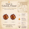 Ellie Baltic Honey Amber Earrings in Sterling Silver infographic highlighting authentic honey Baltic amber, 925 sterling silver, handcrafted craftsmanship, earring dimensions, and Made in Gdańsk, Poland heritage.