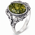 GIA Certified Georgine Baltic Green Amber Ring in Sterling Silver featuring a genuine green Baltic amber gemstone set in polished 925 sterling silver, isolated on a white background.