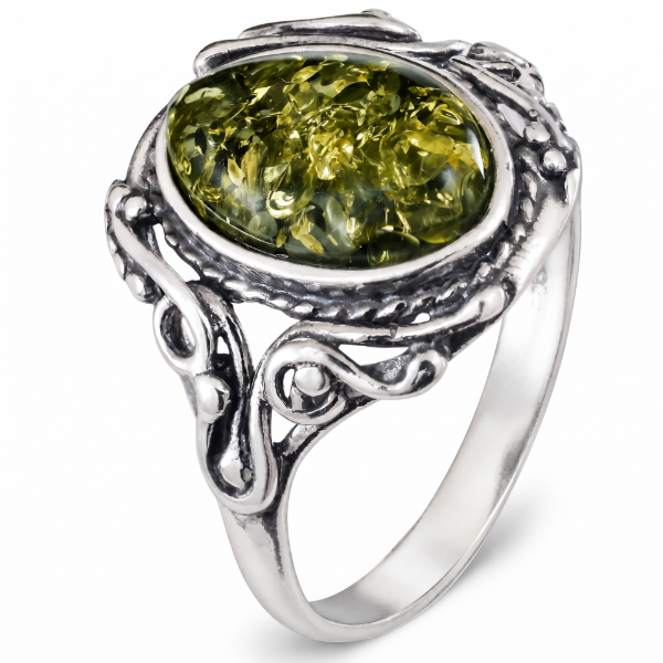 GIA Certified Georgine Baltic Green Amber Ring in Sterling Silver featuring a genuine green Baltic amber gemstone set in polished 925 sterling silver, isolated on a white background.