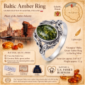 GIA Certified Georgine Baltic Green Amber Ring in Sterling Silver infographic highlighting authentic green Baltic amber, GIA certification, 925 sterling silver, handcrafted craftsmanship, ring dimensions, and Made in Gdańsk, Poland heritage.