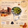 Dana Baltic Green Amber Ring in Sterling Silver infographic highlighting authentic green Baltic amber, 925 sterling silver, handcrafted craftsmanship, ring dimensions, and Made in Gdańsk, Poland heritage.