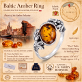 Dara Baltic Honey Amber Ring in Sterling Silver infographic highlighting authentic honey Baltic amber, 925 sterling silver, handcrafted craftsmanship, ring dimensions, and Made in Gdańsk, Poland heritage.