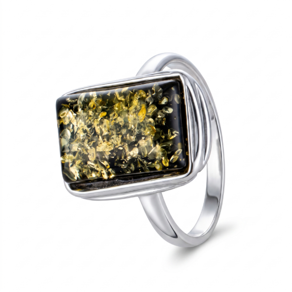 Cora Baltic Green Amber Ring in Sterling Silver featuring a genuine green Baltic amber gemstone set in polished 925 sterling silver, isolated on a white background.