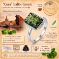 Cora Baltic Green Amber Ring in Sterling Silver infographic highlighting authentic green Baltic amber, 925 sterling silver, handcrafted craftsmanship, ring dimensions, and Made in Gdańsk, Poland heritage.