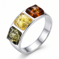 Mila Multicolor Baltic Amber Ring in Sterling Silver featuring genuine multicolor Baltic amber gemstones set in polished 925 sterling silver, isolated on a white background.