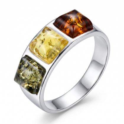 Mila Multicolor Baltic Amber Ring in Sterling Silver featuring genuine multicolor Baltic amber gemstones set in polished 925 sterling silver, isolated on a white background.