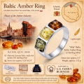 Mila Multicolor Baltic Amber Ring in Sterling Silver infographic highlighting authentic multicolor Baltic amber, 925 sterling silver, handcrafted craftsmanship, ring dimensions, and Made in Gdańsk, Poland heritage.