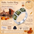 Mila Baltic Green Amber Ring in Sterling Silver infographic highlighting authentic green Baltic amber, 925 sterling silver, handcrafted craftsmanship, ring dimensions, and Made in Gdańsk, Poland heritage.