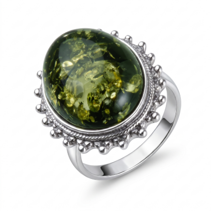 Baltic Green Amber Oval Classic Ring in Sterling Silver featuring a genuine oval green Baltic amber gemstone set in polished 925 sterling silver, isolated on a white background.