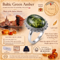 Baltic Green Amber Oval Classic Ring in Sterling Silver infographic highlighting authentic green Baltic amber, 925 sterling silver, handcrafted craftsmanship, ring dimensions, and Made in Gdańsk, Poland heritage.
