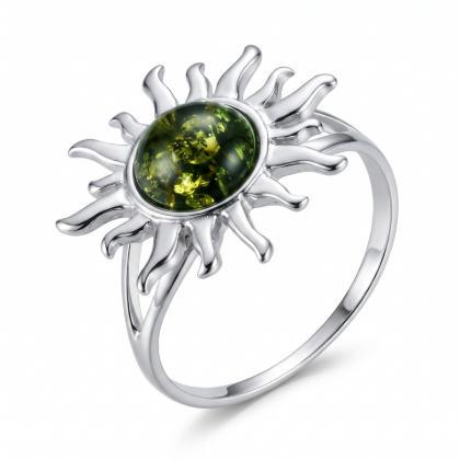 Baltic Green Amber Sun Ring in Sterling Silver featuring a genuine green Baltic amber gemstone in a sun-inspired design, set in polished 925 sterling silver, isolated on a white background.