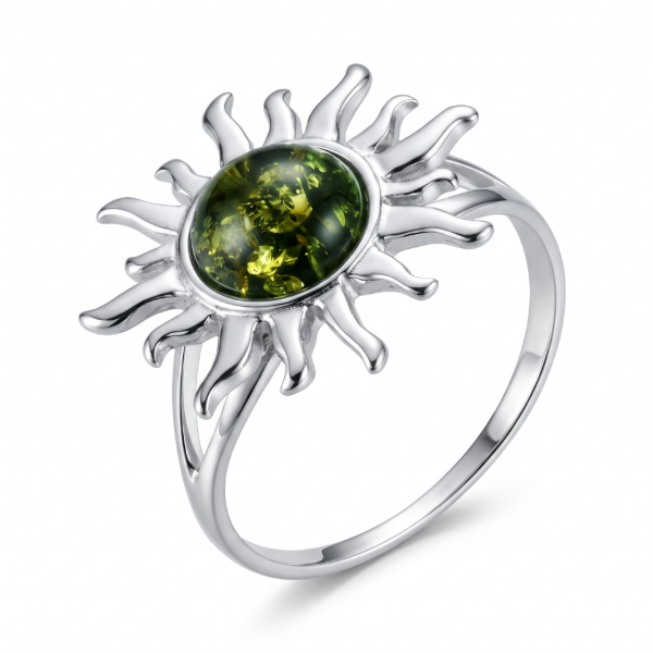 Baltic Green Amber Sun Ring in Sterling Silver featuring a genuine green Baltic amber gemstone in a sun-inspired design, set in polished 925 sterling silver, isolated on a white background.