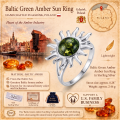 Baltic Green Amber Sun Ring in Sterling Silver infographic highlighting authentic green Baltic amber, 925 sterling silver, handcrafted craftsmanship, ring dimensions, and Made in Gdańsk, Poland heritage.