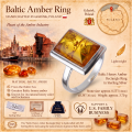 Baltic Honey Amber Rectangle Ring in Sterling Silver infographic highlighting authentic honey Baltic amber, 925 sterling silver, handcrafted craftsmanship, ring dimensions, and Made in Gdańsk, Poland heritage.
