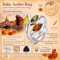 Vikki Multicolor Baltic Amber Ring in Sterling Silver infographic highlighting authentic multicolor Baltic amber, 925 sterling silver, handcrafted craftsmanship, ring dimensions, and Made in Gdańsk, Poland heritage.