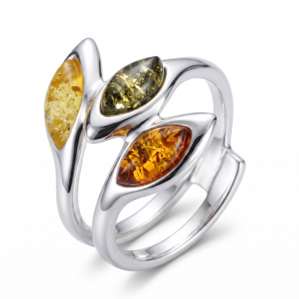Vikki Multicolor Baltic Amber Ring in Sterling Silver featuring genuine multicolor Baltic amber gemstones set in polished 925 sterling silver, isolated on a white background.