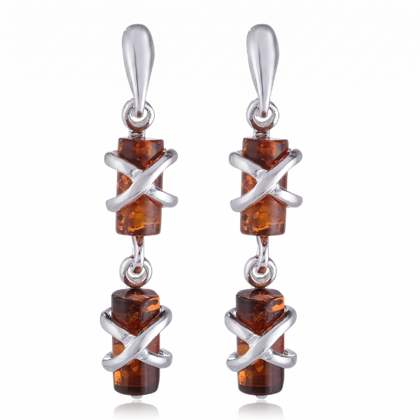 Gina Baltic Honey Amber Earrings in Sterling Silver featuring genuine honey Baltic amber gemstones set in polished 925 sterling silver, isolated on a white background.