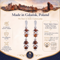 Gina Baltic Honey Amber Earrings in Sterling Silver infographic highlighting authentic honey Baltic amber, 925 sterling silver, handcrafted craftsmanship, earring dimensions, and Made in Gdańsk, Poland heritage.