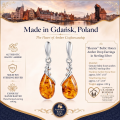 Eleanor Baltic Honey Amber Drop Earrings in Sterling Silver infographic highlighting authentic honey Baltic amber, 925 sterling silver, handcrafted craftsmanship, drop earring dimensions, and Made in Gdańsk, Poland heritage.