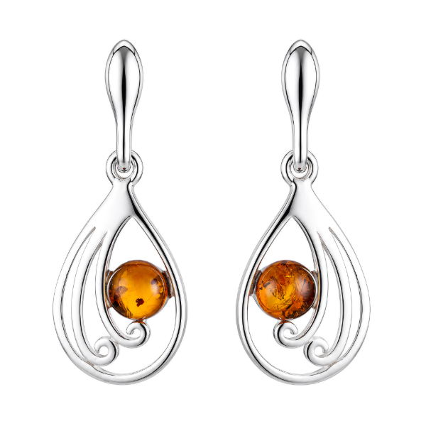 Lydia Baltic Honey Amber Earrings in Sterling Silver featuring genuine honey Baltic amber gemstones set in polished 925 sterling silver, isolated on a white background.