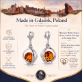 Brianna Baltic Honey Amber Earrings in Sterling Silver infographic highlighting authentic honey Baltic amber, 925 sterling silver, handcrafted craftsmanship, earring dimensions, and Made in Gdańsk, Poland heritage.