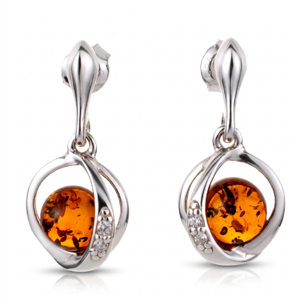 Brianna Baltic Honey Amber Earrings in Sterling Silver featuring genuine honey Baltic amber gemstones set in polished 925 sterling silver, isolated on a white background.