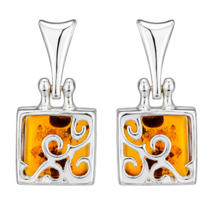 Florence Baltic Honey Amber Earrings in Sterling Silver featuring genuine honey Baltic amber gemstones set in polished 925 sterling silver, isolated on a white background.