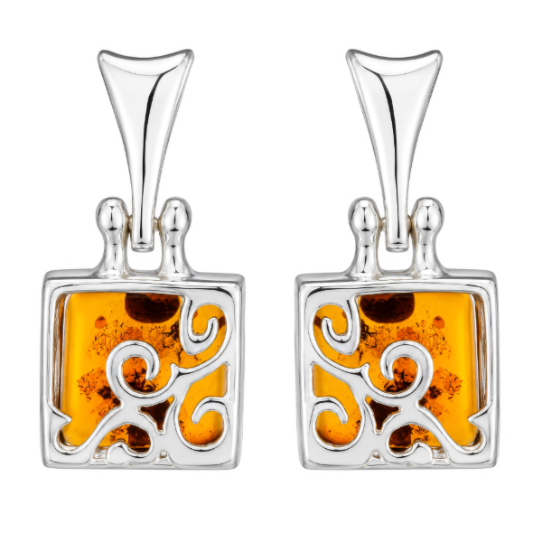 Florence Baltic Honey Amber Earrings in Sterling Silver featuring genuine honey Baltic amber gemstones set in polished 925 sterling silver, isolated on a white background.