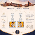 Florence Baltic Honey Amber Earrings in Sterling Silver infographic highlighting authentic honey Baltic amber, 925 sterling silver, handcrafted craftsmanship, earring dimensions, and Made in Gdańsk, Poland heritage.