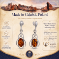 Zara Baltic Honey Amber Earrings in Sterling Silver infographic highlighting authentic honey Baltic amber, 925 sterling silver, handcrafted craftsmanship, earring dimensions, and Made in Gdańsk, Poland heritage.