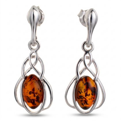 Zara Baltic Honey Amber Earrings in Sterling Silver featuring genuine honey Baltic amber gemstones set in polished 925 sterling silver, isolated on a white background.