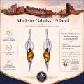 Martha Baltic Honey Amber Earrings in Sterling Silver infographic highlighting authentic honey Baltic amber, 925 sterling silver, handcrafted craftsmanship, earring dimensions, and Made in Gdańsk, Poland heritage.