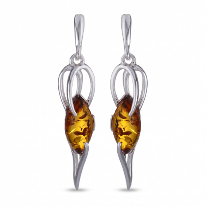 Martha Baltic Honey Amber Earrings in Sterling Silver featuring genuine honey Baltic amber gemstones set in polished 925 sterling silver, isolated on a white background.