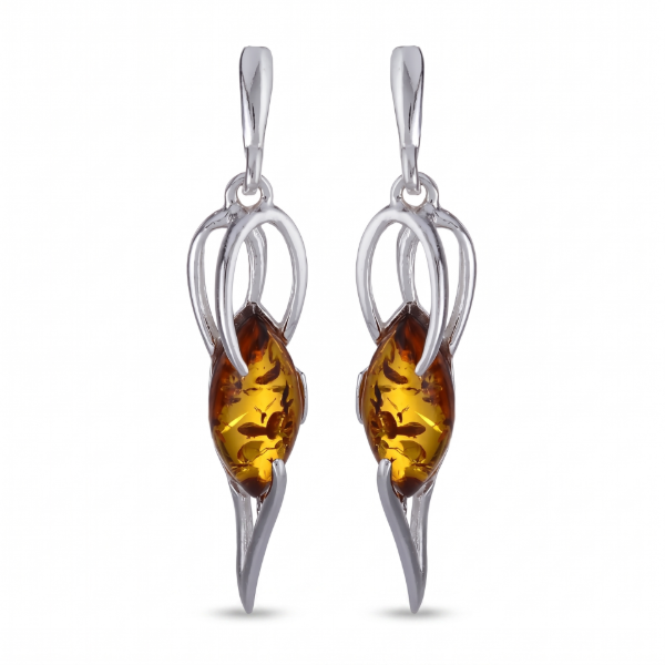 Martha Baltic Honey Amber Earrings in Sterling Silver featuring genuine honey Baltic amber gemstones set in polished 925 sterling silver, isolated on a white background.