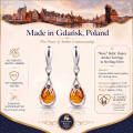 Rose Baltic Honey Amber Earrings in Sterling Silver infographic highlighting authentic honey Baltic amber, 925 sterling silver, handcrafted craftsmanship, earring dimensions, and Made in Gdańsk, Poland heritage.