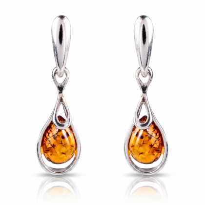 Rose Baltic Honey Amber Earrings in Sterling Silver featuring genuine honey Baltic amber gemstones set in polished 925 sterling silver, isolated on a white background.