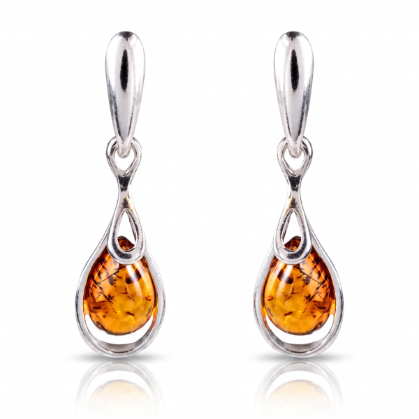 Rose Baltic Honey Amber Earrings in Sterling Silver featuring genuine honey Baltic amber gemstones set in polished 925 sterling silver, isolated on a white background.